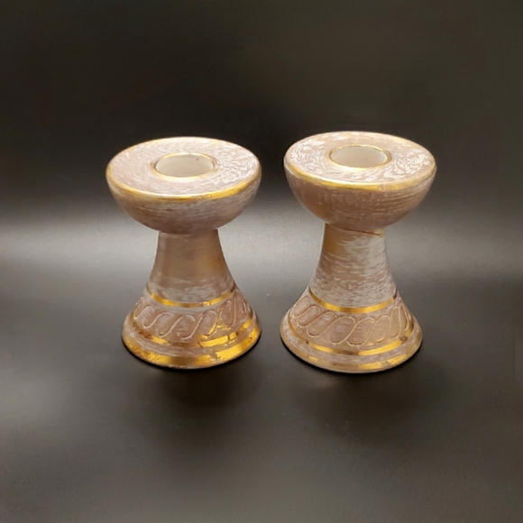 1950's Stangl Antique Gold Light Blue / Aqua Pair 4" Candlesticks 1 Repair 4064 - Picture 3 of 11